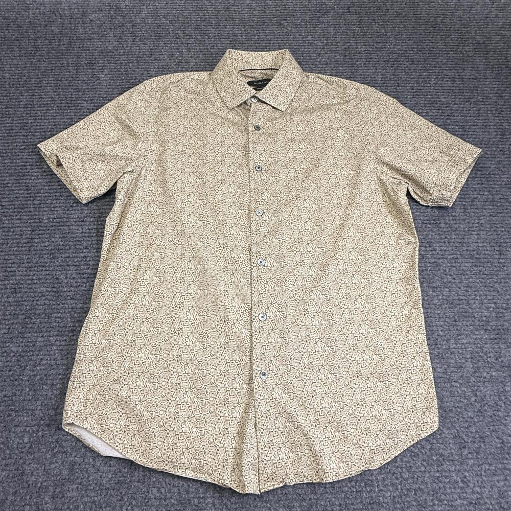 Bugatchi Shirt Mens Medium Beige Geometric Stretch Short Sleeve Button Up